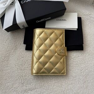 Auth BN Chanel Gold Quilted Caviar CC Logo Passport Holder Wallet w/ Gold Hdw